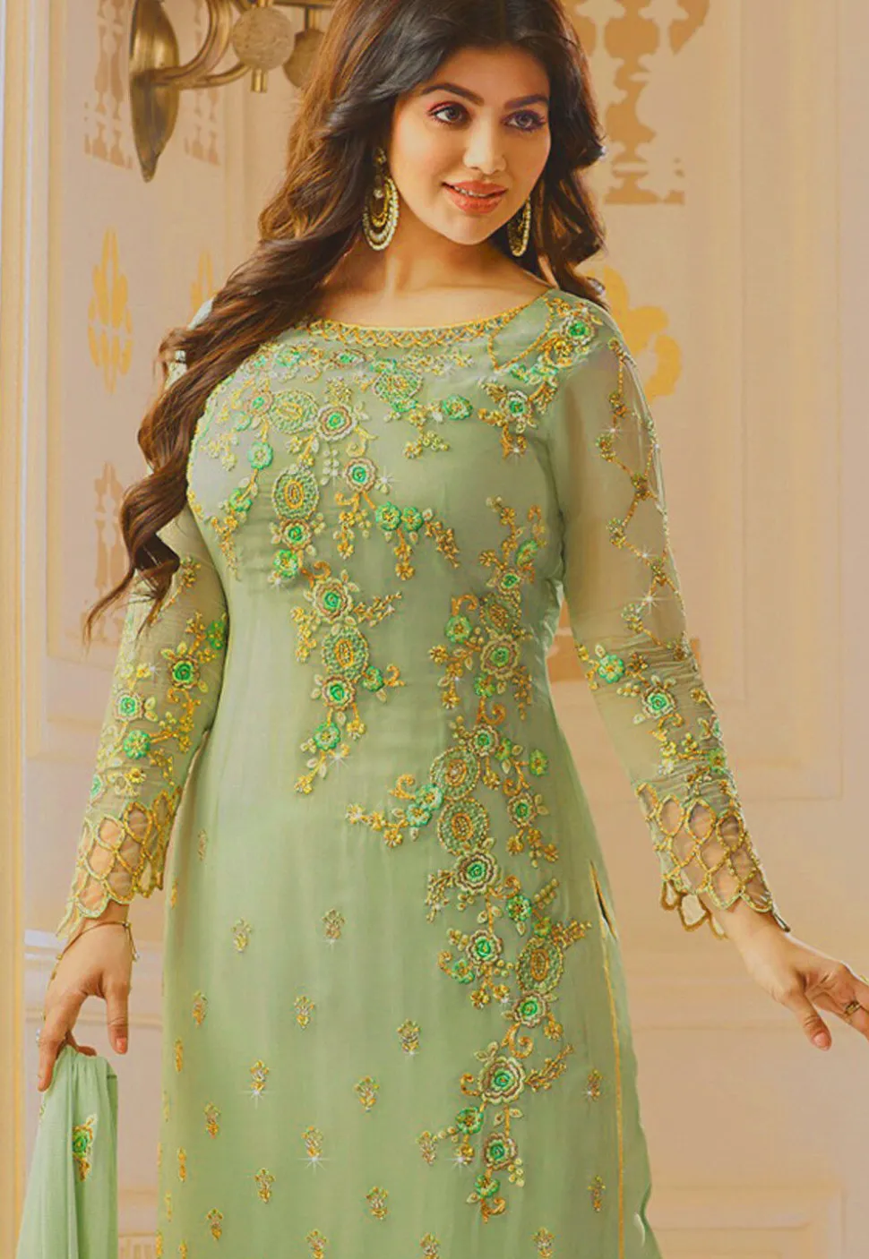 Embroidered Georgette Pakistani Suit in Pastel Green