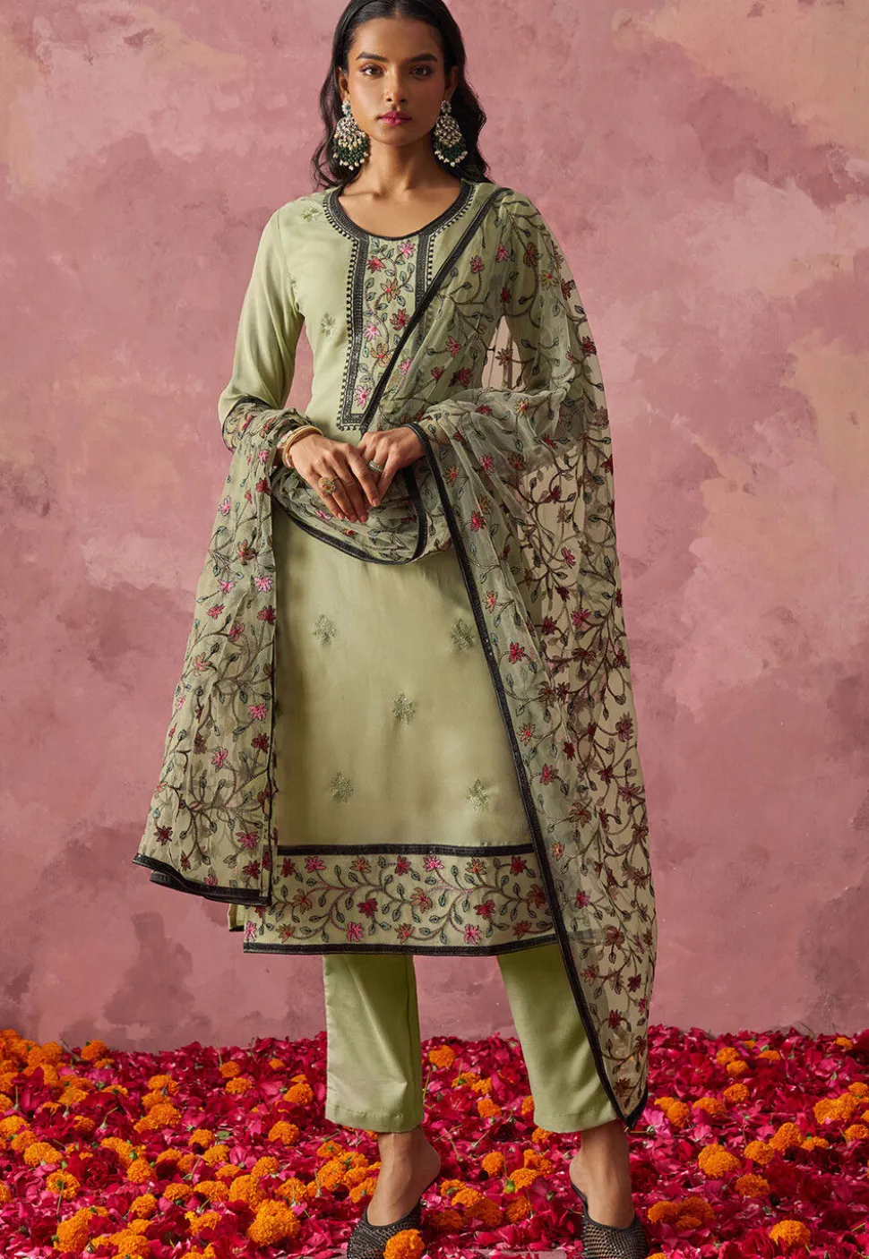 Embroidered Georgette Pakistani Suit in Light Green