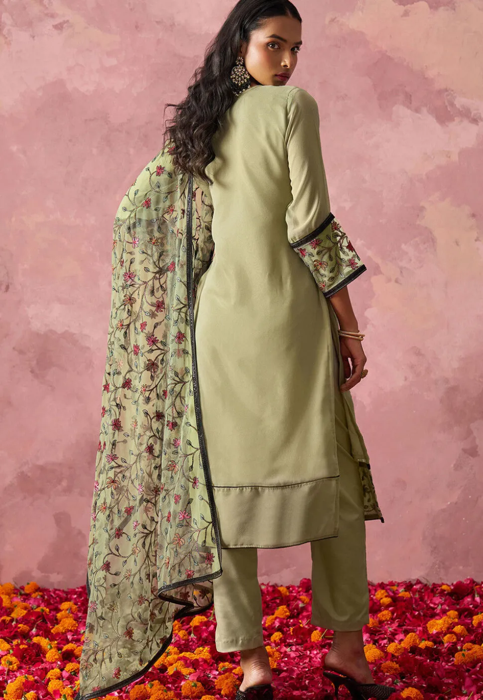 Embroidered Georgette Pakistani Suit in Light Green