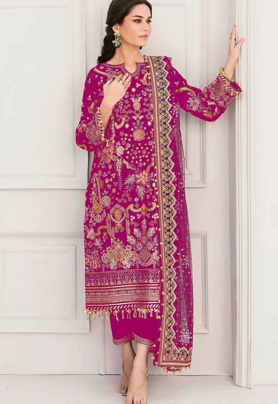 Embroidered Georgette Pakistani Suit in Fuchsia