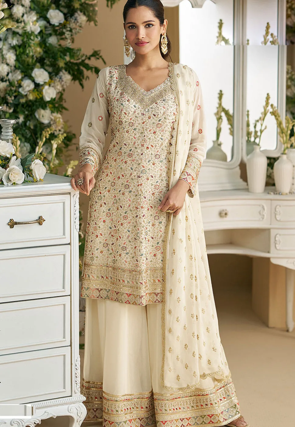 Embroidered Georgette Pakistani Suit in Cream
