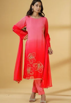 Embroidered Georgette Pakistani Suit in Shaded Coral Red