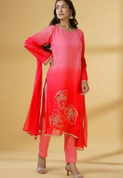 Embroidered Georgette Pakistani Suit in Shaded Coral Red