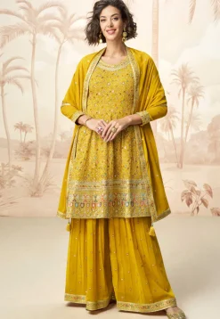 Embroidered Georgette Pakistani Suit in Mustard