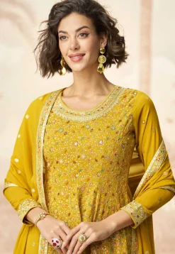 Embroidered Georgette Pakistani Suit in Mustard