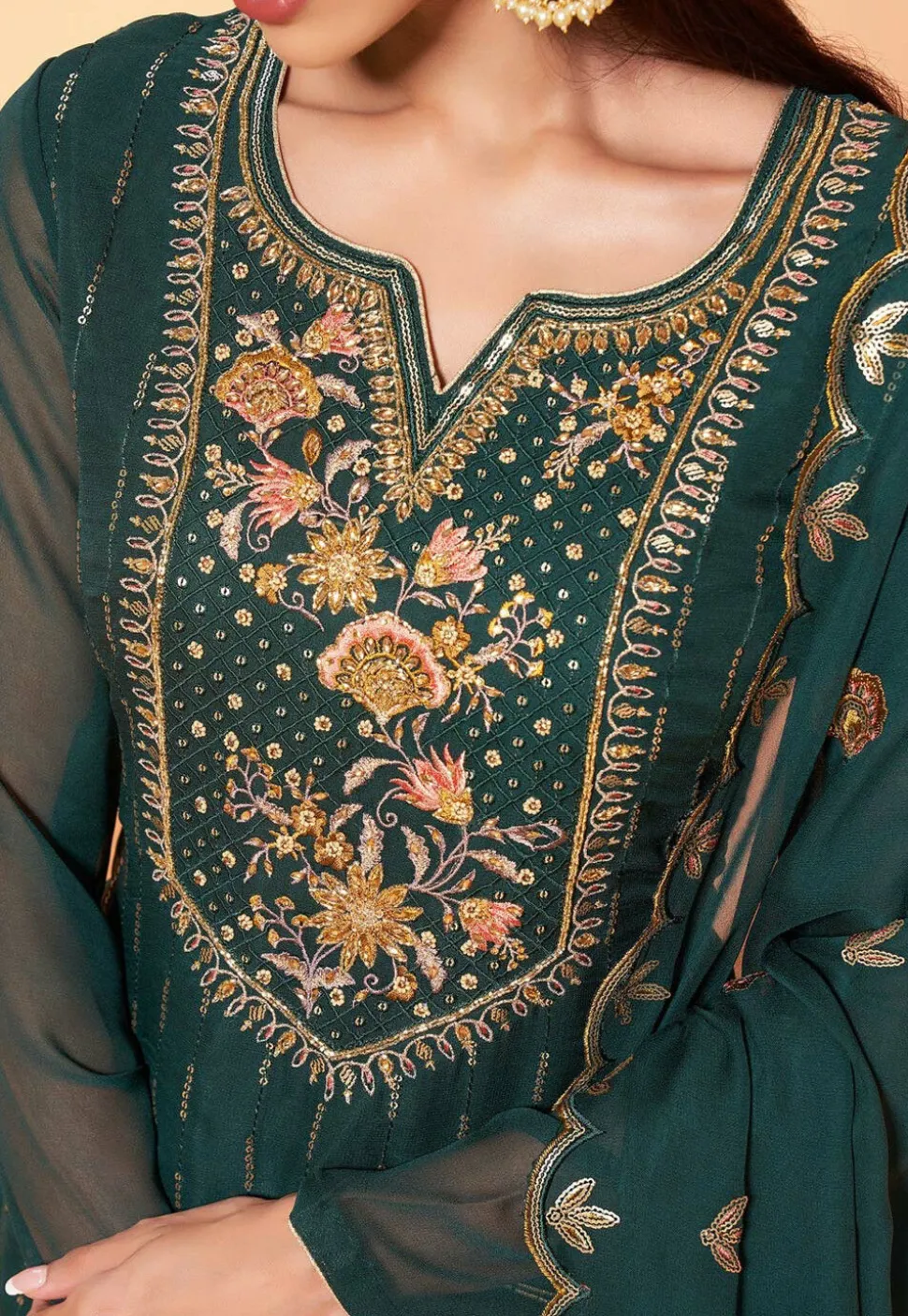 Embroidered Georgette Pakistani Suit in Dark Green