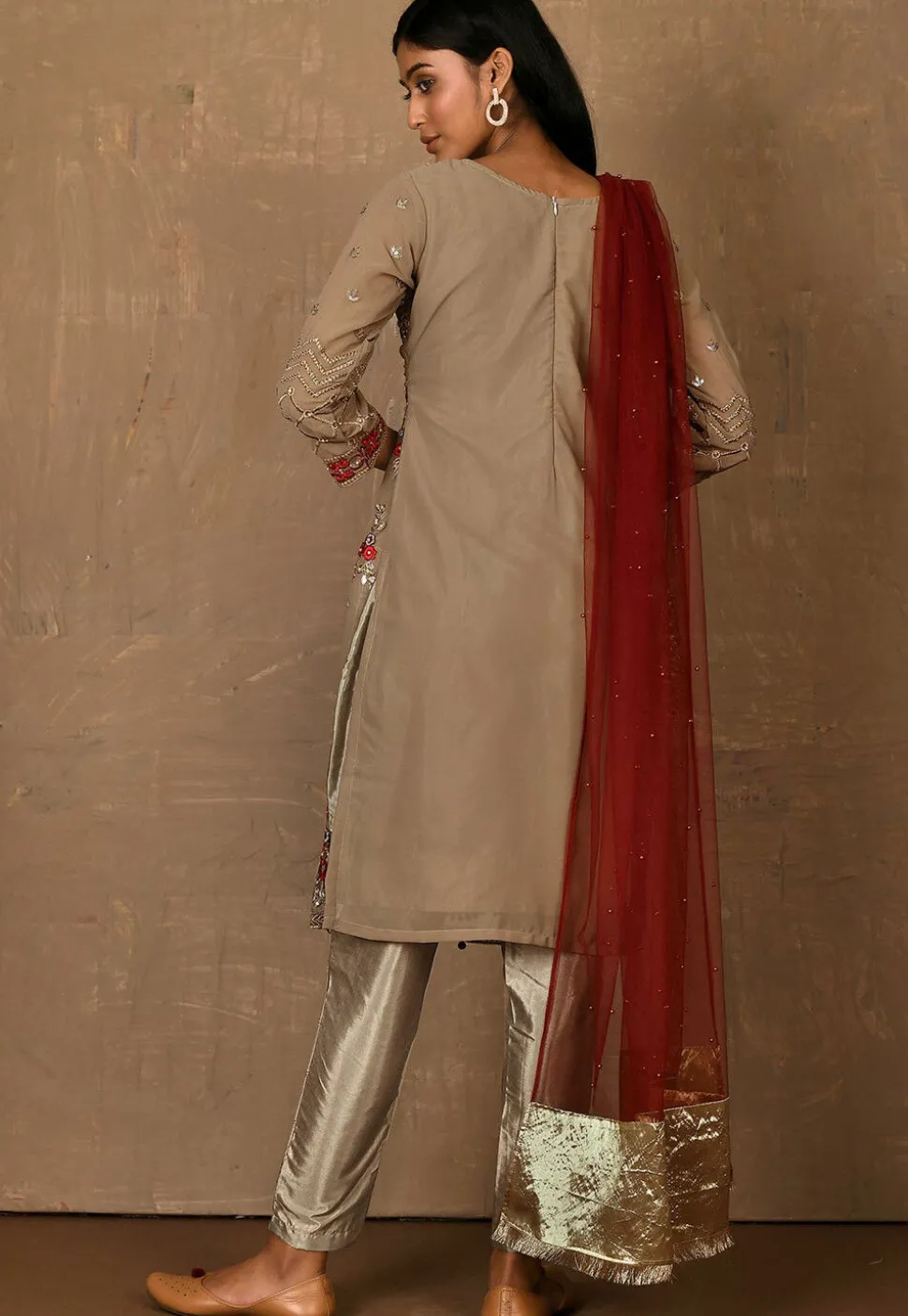 Embroidered Georgette Pakistani Suit in Beige