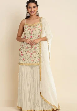 Embroidered Georgette Pakistani Suit in Off White