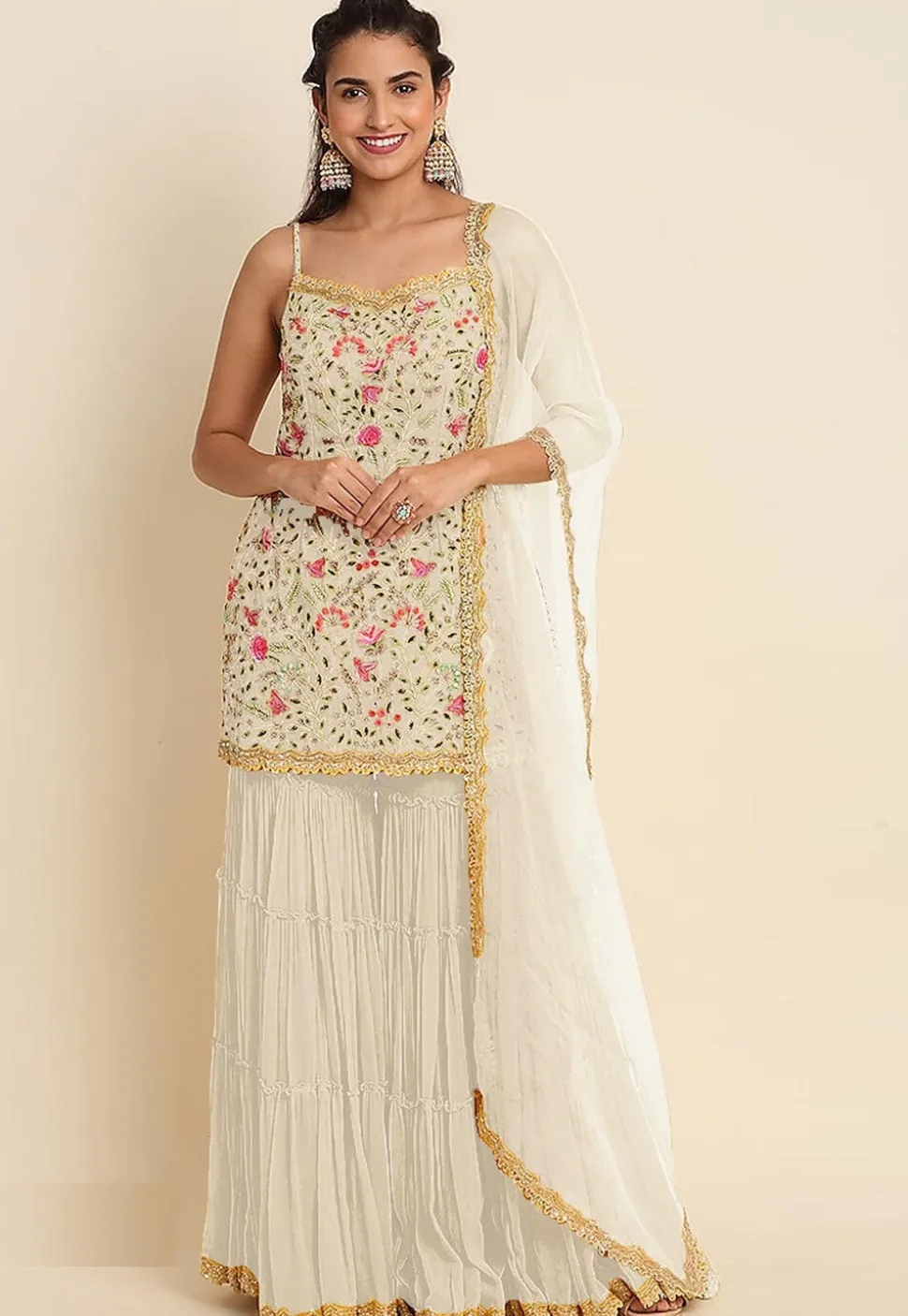 Embroidered Georgette Pakistani Suit in Off White