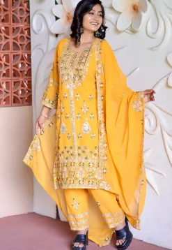 Embroidered Georgette Pakistani Suit in Yellow