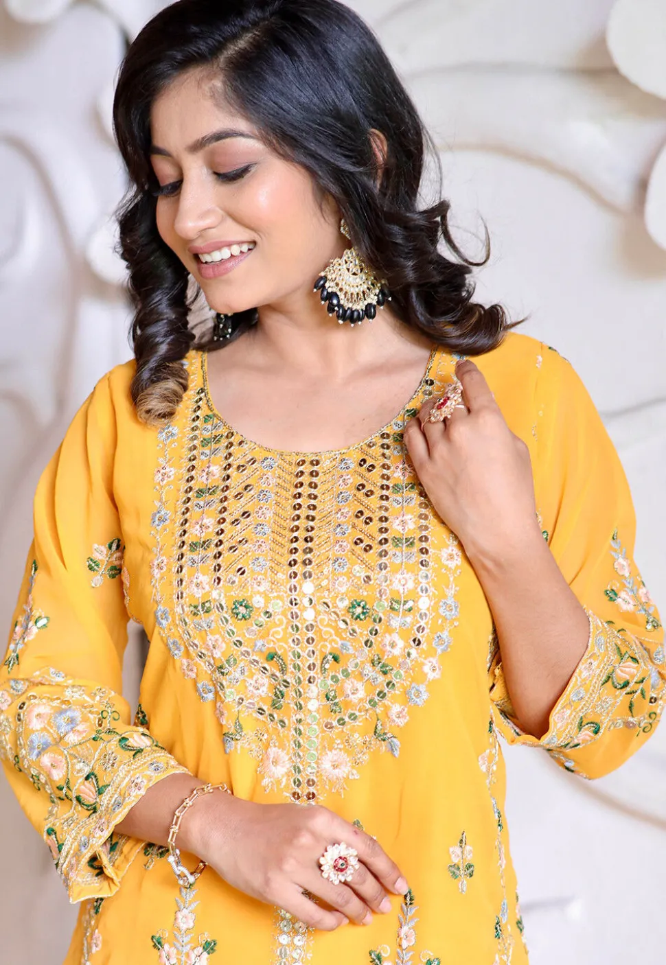 Embroidered Georgette Pakistani Suit in Yellow