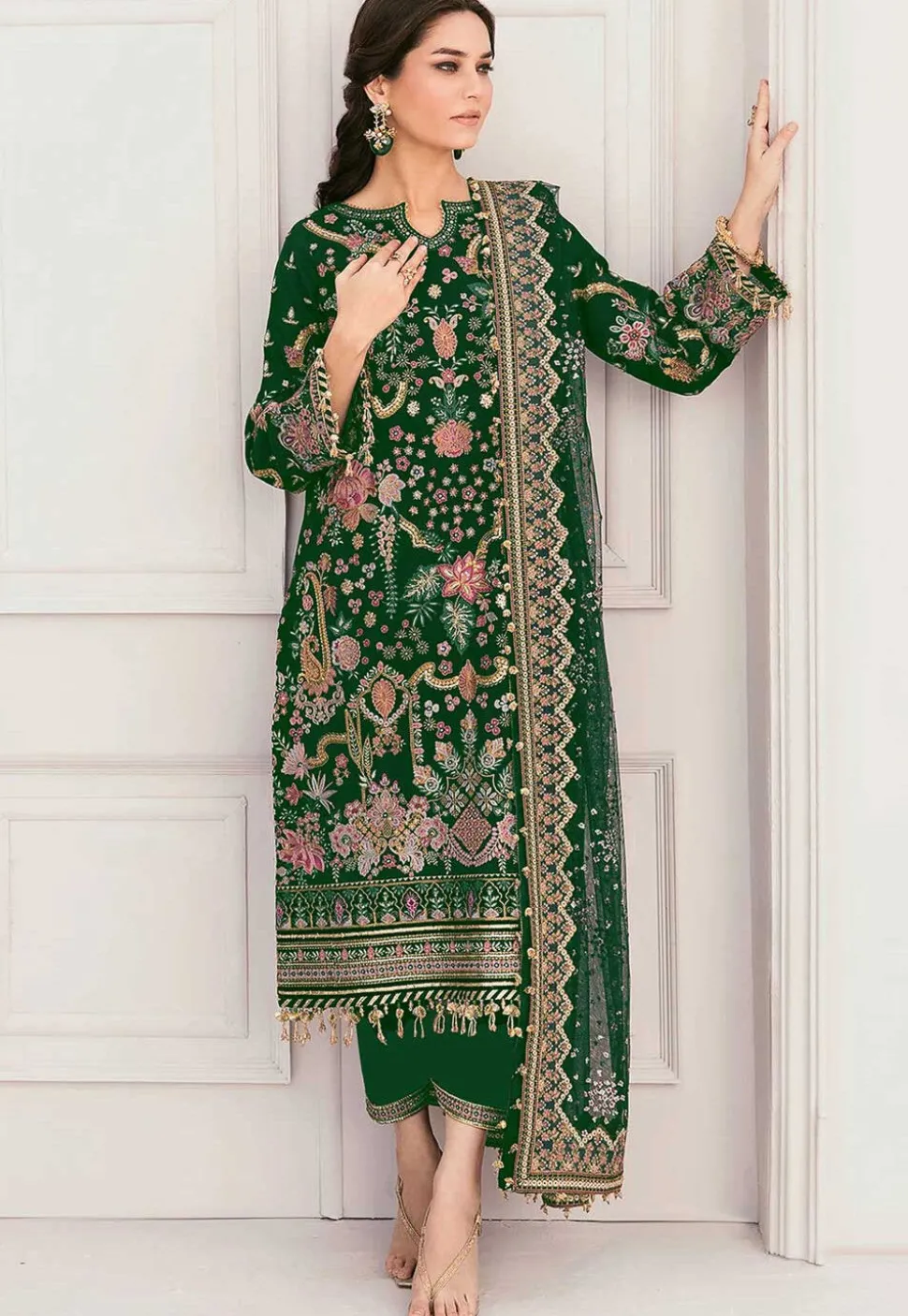 Embroidered Georgette Pakistani Suit in Green