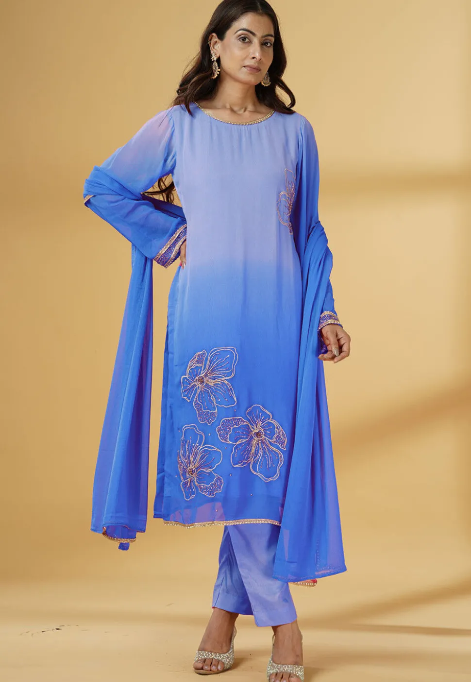 Embroidered Georgette Pakistani Suit in Shaded Blue