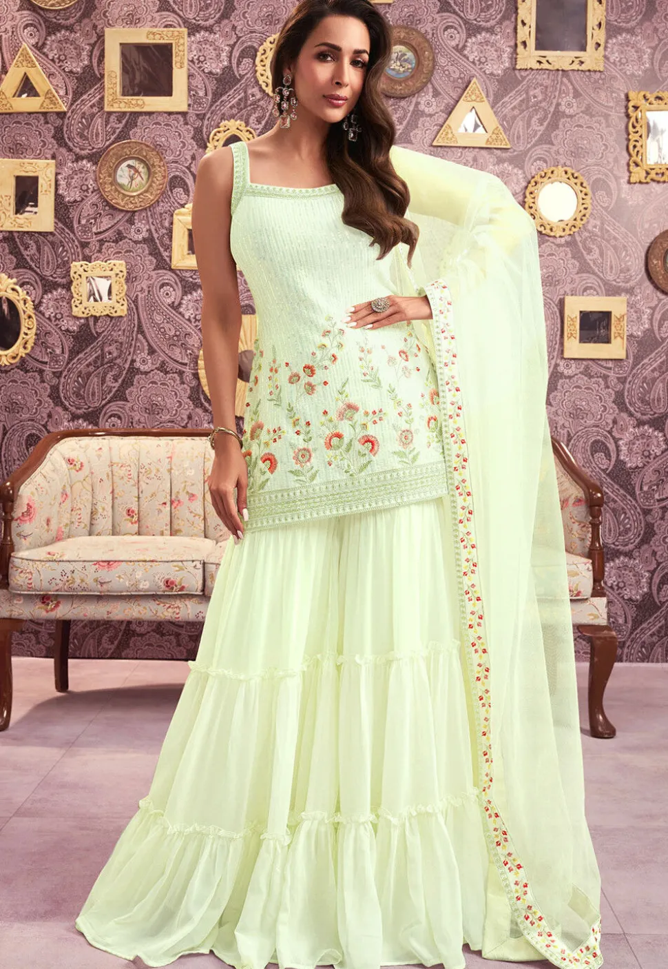 Embroidered Georgette Pakistani Suit in Light Green
