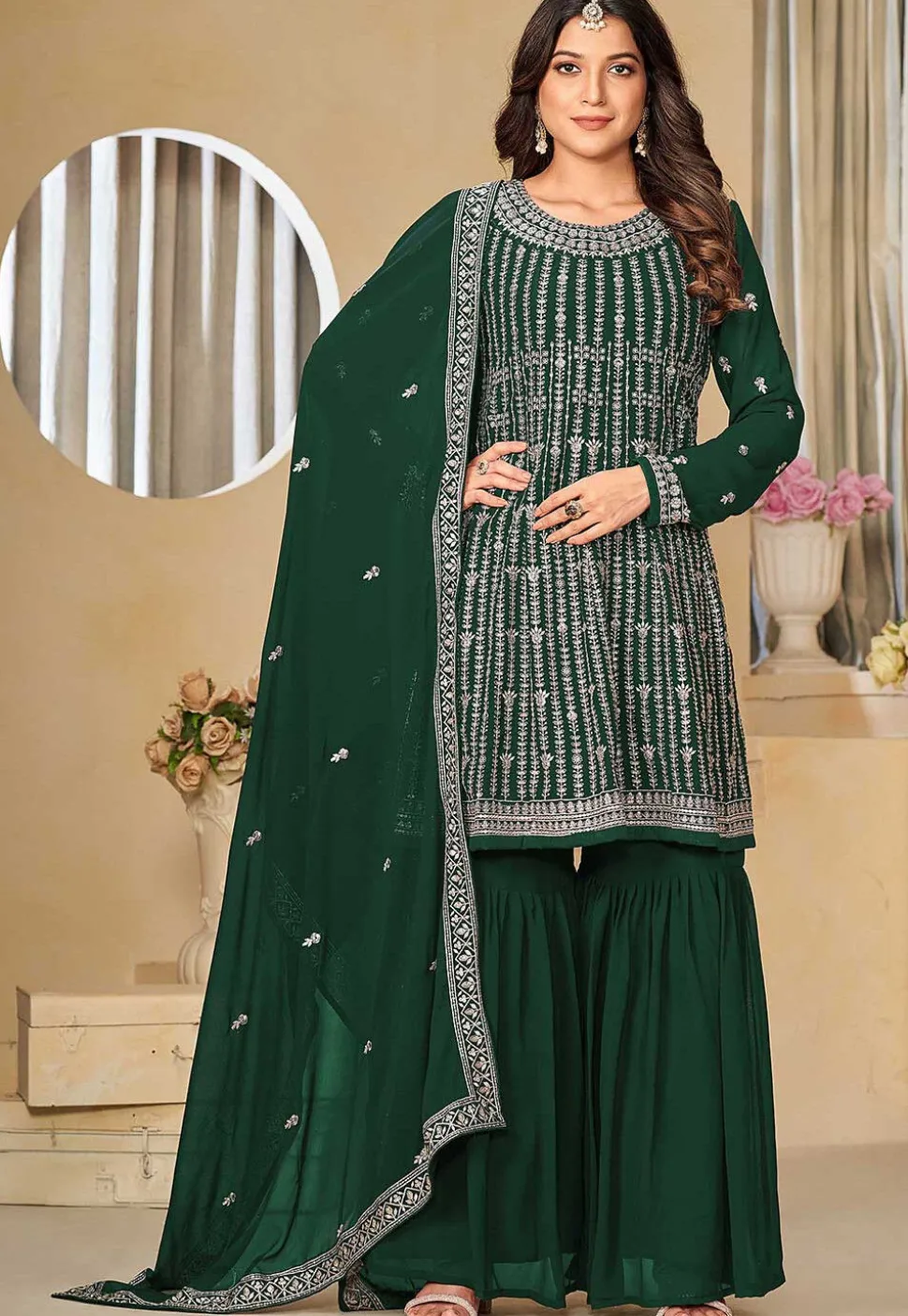 Embroidered Georgette Pakistani Suit in Dark Green