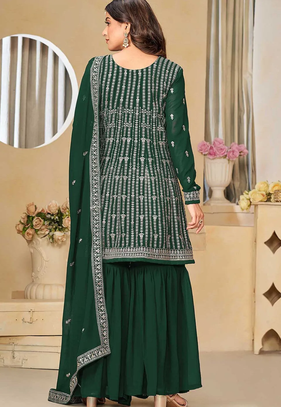 Embroidered Georgette Pakistani Suit in Dark Green