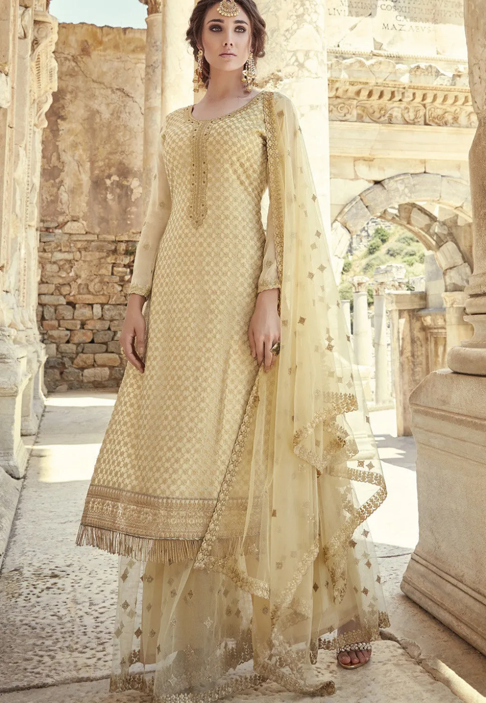 Embroidered Georgette Pakistani Suit in Light Yellow