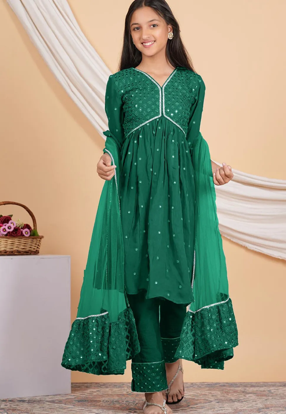 Embroidered Georgette Pakistani Suit in Dark Teal Green