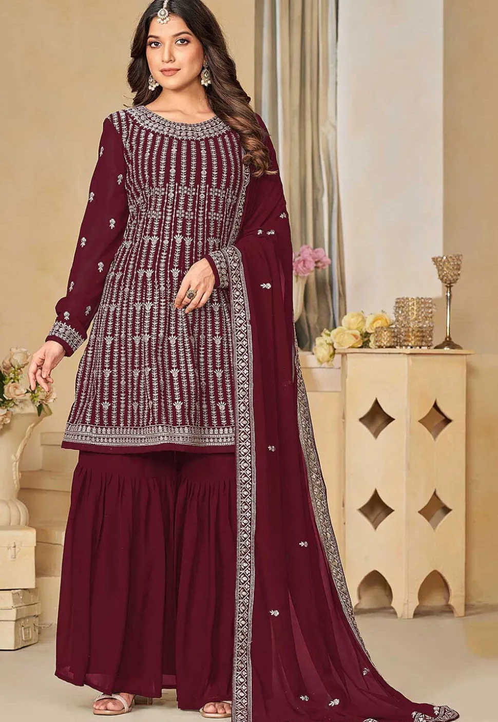 Embroidered Georgette Pakistani Suit in Maroon