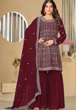 Embroidered Georgette Pakistani Suit in Maroon