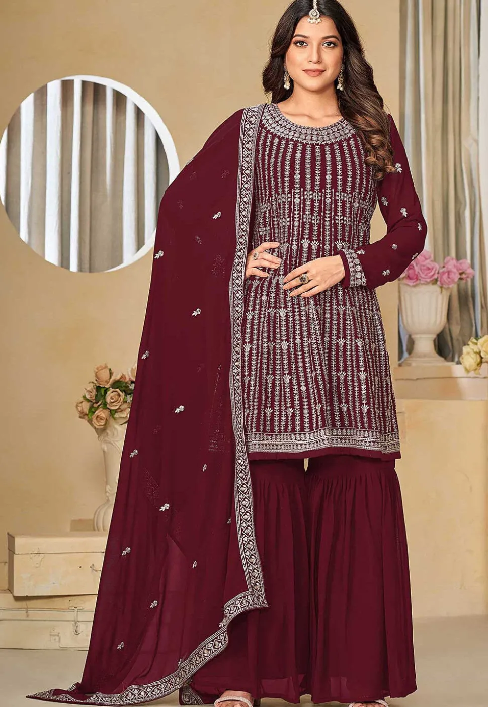 Embroidered Georgette Pakistani Suit in Maroon