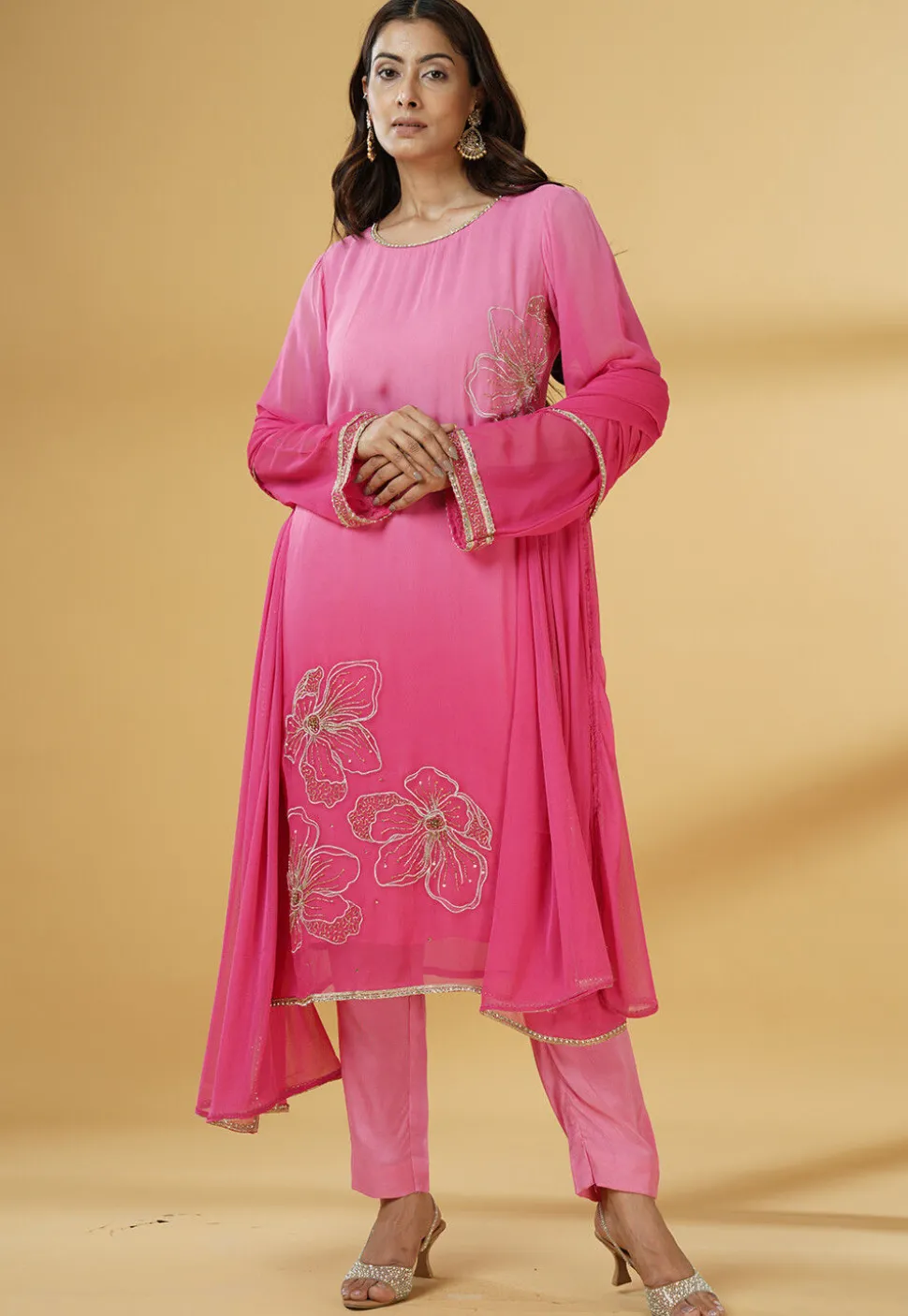 Embroidered Georgette Pakistani Suit in Pink Ombre