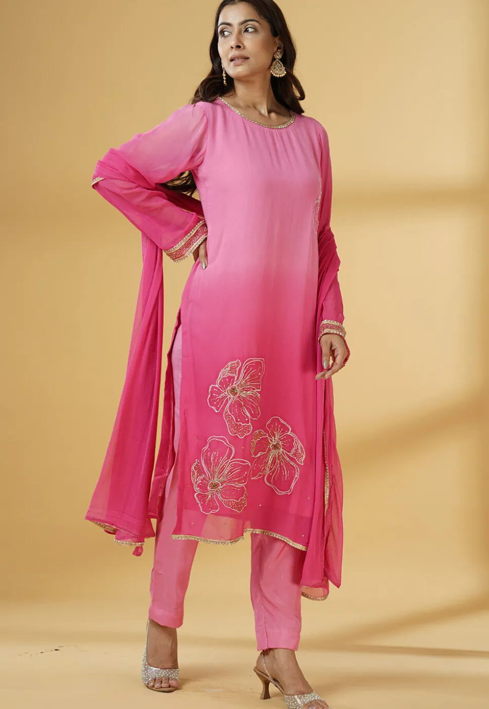 Embroidered Georgette Pakistani Suit in Pink Ombre