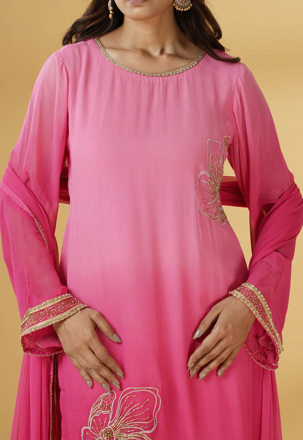 Embroidered Georgette Pakistani Suit in Pink Ombre