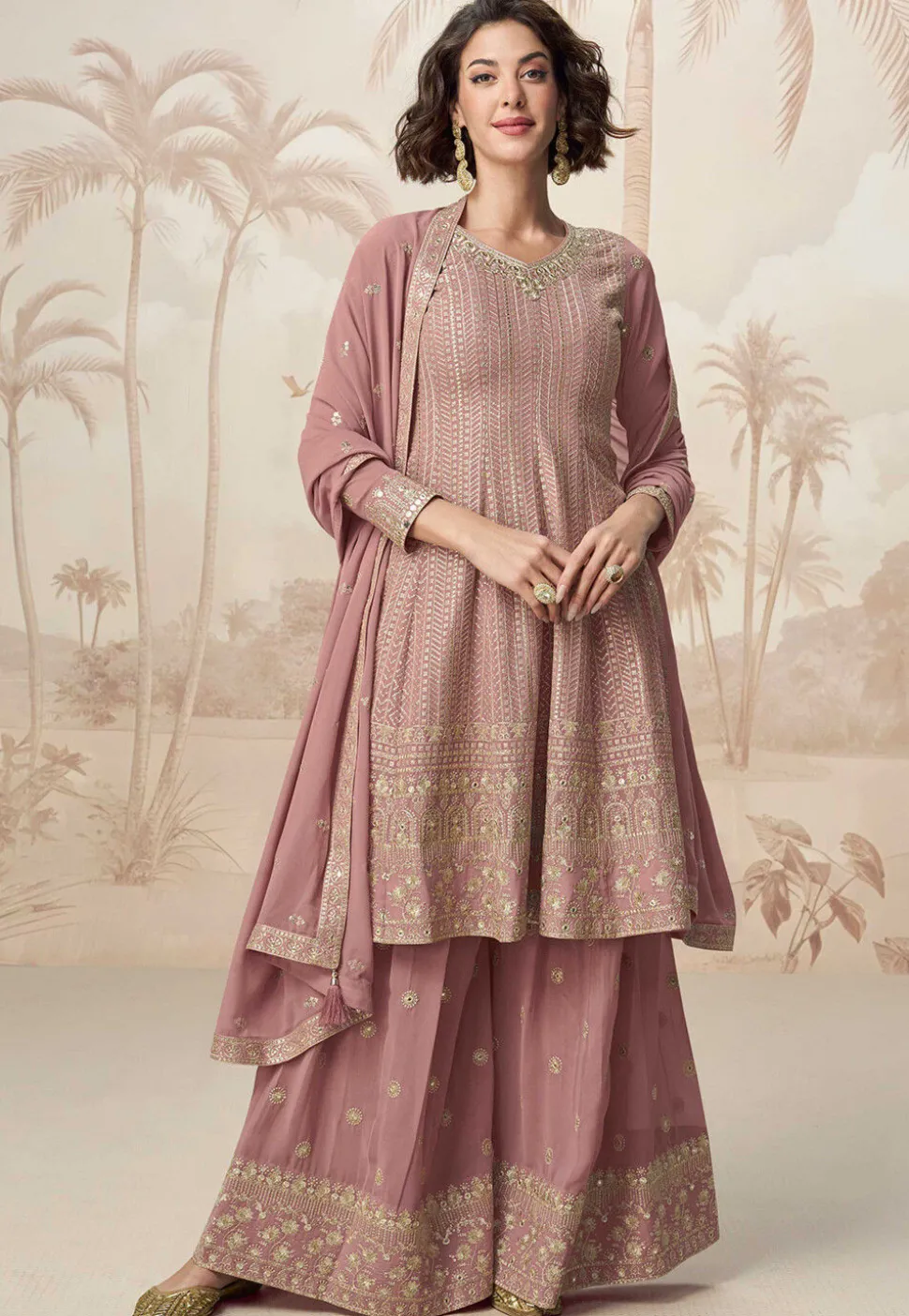 Embroidered Georgette Pakistani Suit in Peach