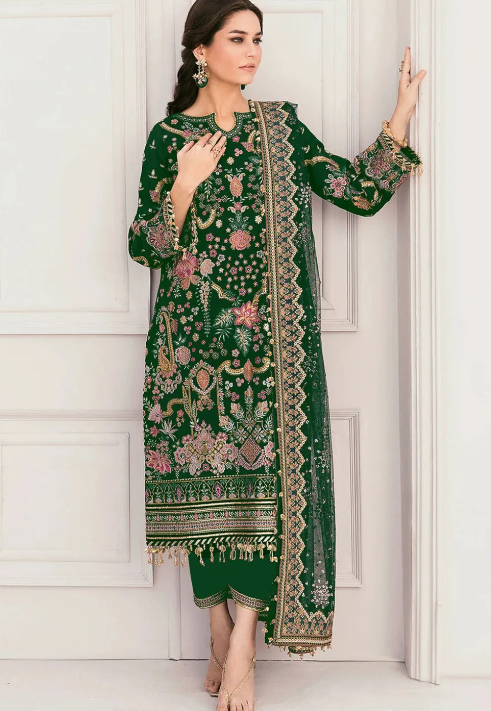 Embroidered Georgette Pakistani Suit in Green