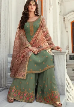 Embroidered Georgette Pakistani Suit in Dusty Green
