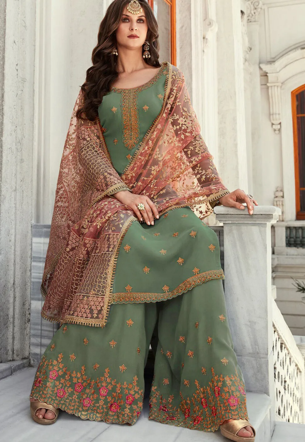 Embroidered Georgette Pakistani Suit in Dusty Green