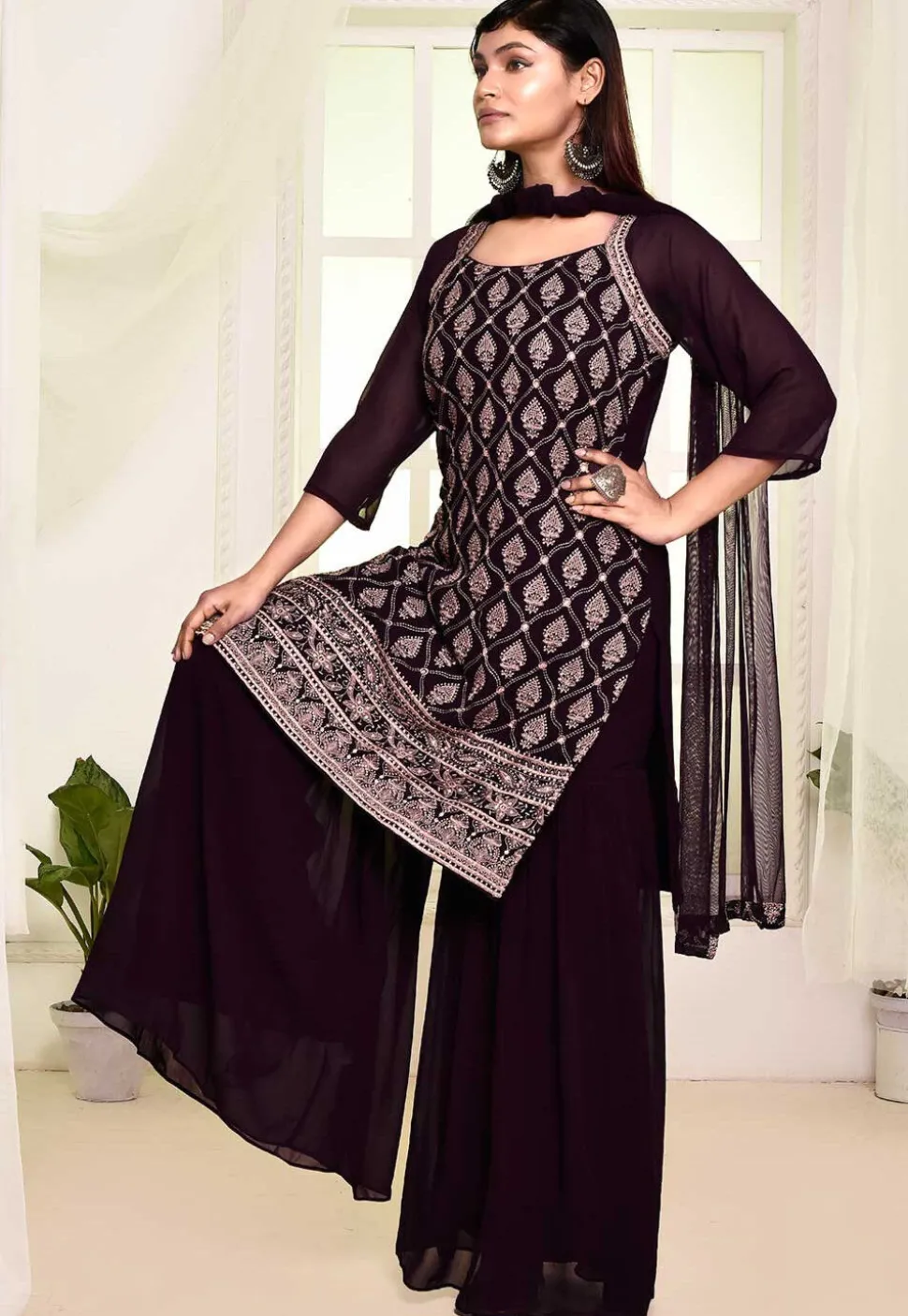 Embroidered Georgette Pakistani Suit in Dark Purple