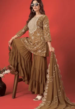 Embroidered Georgette Pakistani Suit in Brown