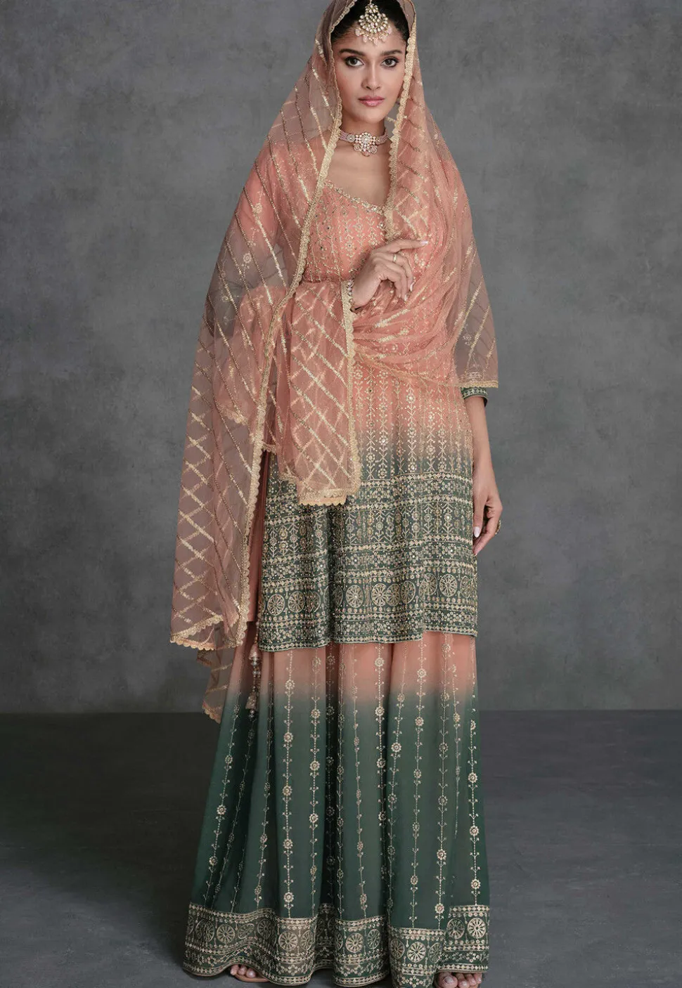 Embroidered Georgette Pakistani Suit in Shaded Peach and Green
