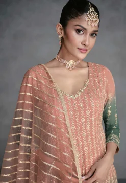 Embroidered Georgette Pakistani Suit in Shaded Peach and Green