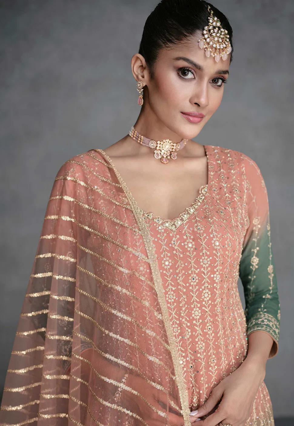Embroidered Georgette Pakistani Suit in Shaded Peach and Green