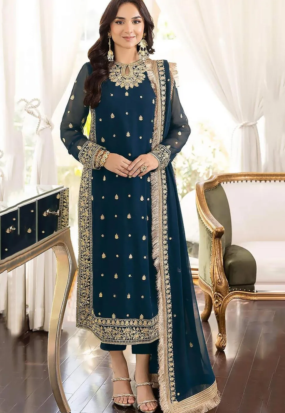 Embroidered Georgette Pakistani Suit in Teal Blue