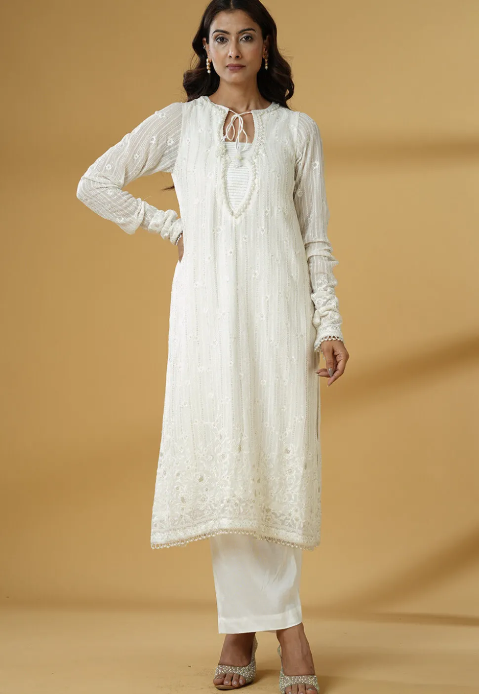 Embroidered Georgette Pakistani Suit in Off White