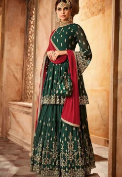 Embroidered Georgette Pakistani Suit in Dark Green