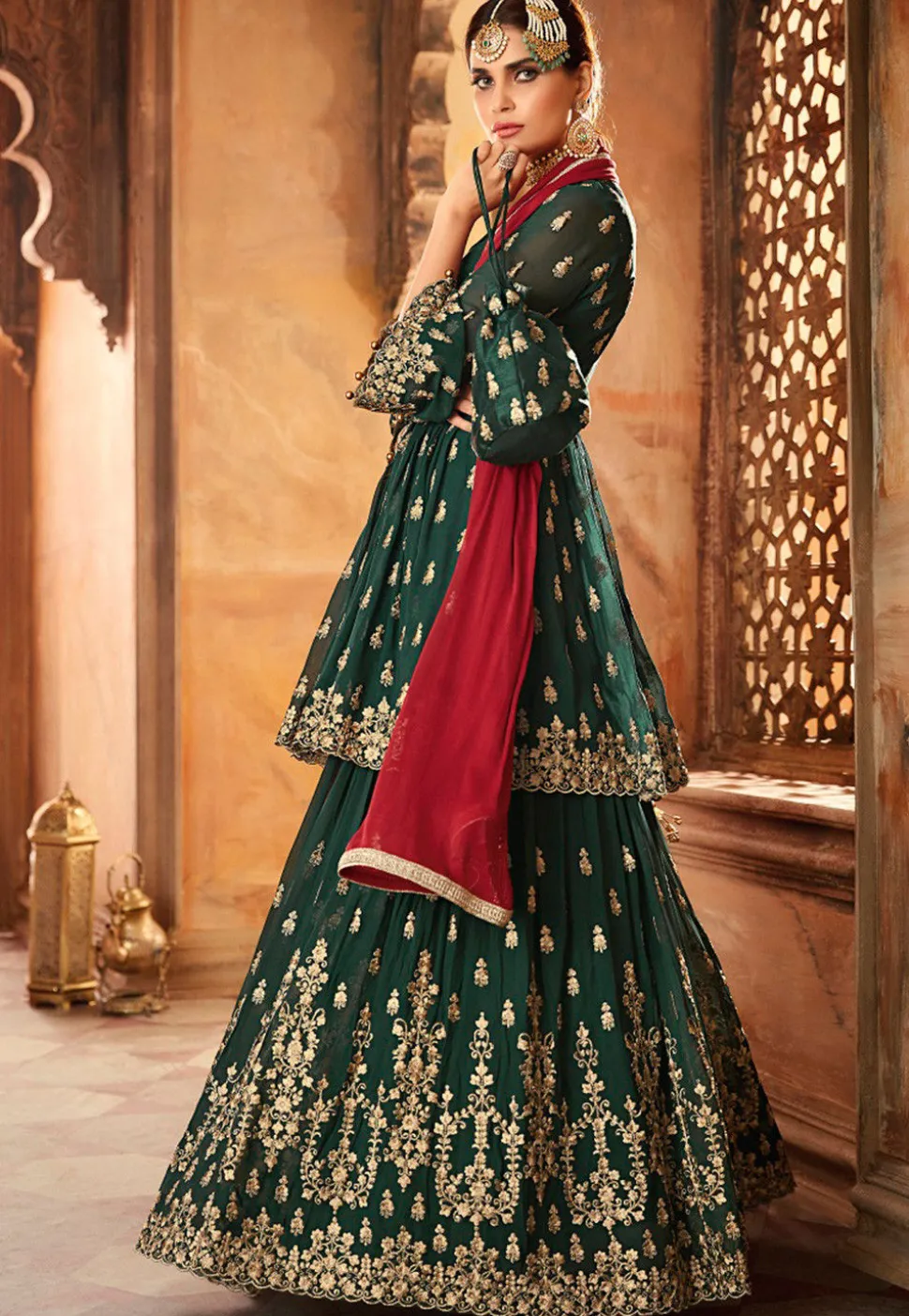 Embroidered Georgette Pakistani Suit in Dark Green