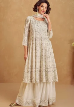 Embroidered Georgette Pakistani Suit in Off White