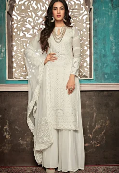 Embroidered Georgette Pakistani Suit in Off White