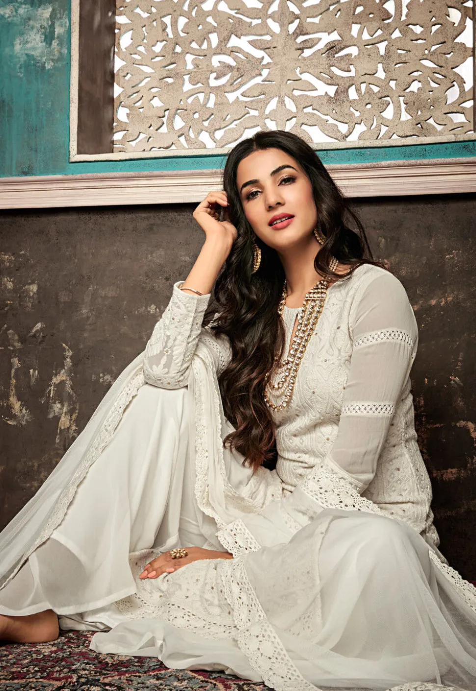 Embroidered Georgette Pakistani Suit in Off White