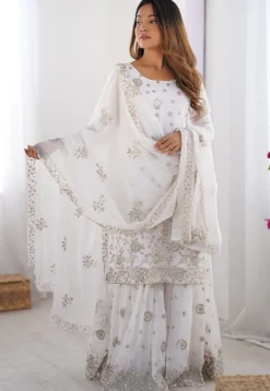 Embroidered Georgette Pakistani Suit in Off White