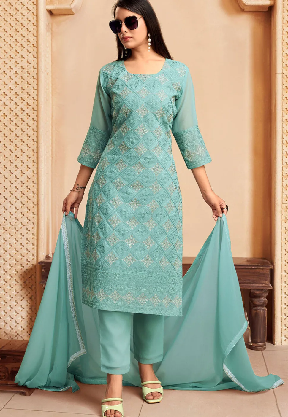 Embroidered Georgette Pakistani Suit in Teal Green