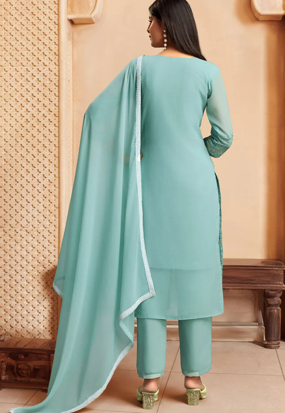 Embroidered Georgette Pakistani Suit in Teal Green