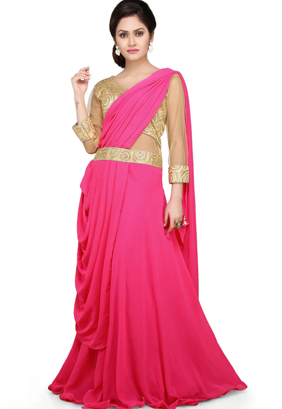 Embroidered Georgette Pleated Saree Style Gown in Pink