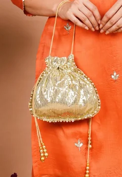 Embroidered Georgette Potli Bag in Golden
