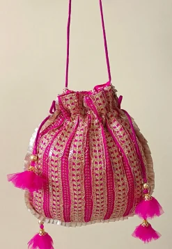 Embroidered Georgette Potli Bag in Fuchsia
